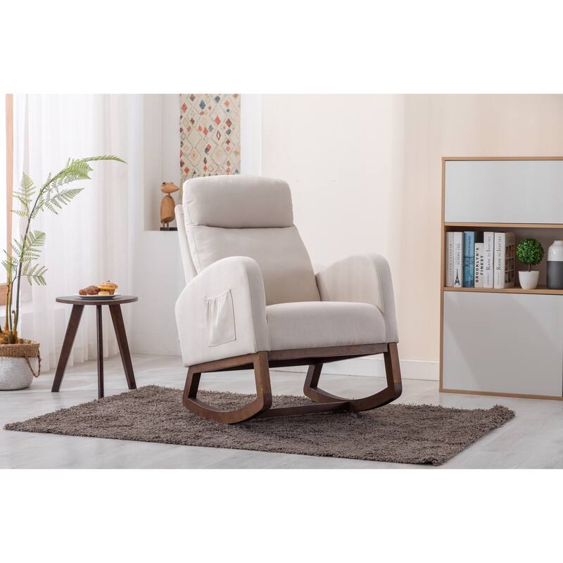 Modern Accent Upholstered Rocking Rocker High Back Arm Chair with Wooden Frame Side & Pockets for Living Room