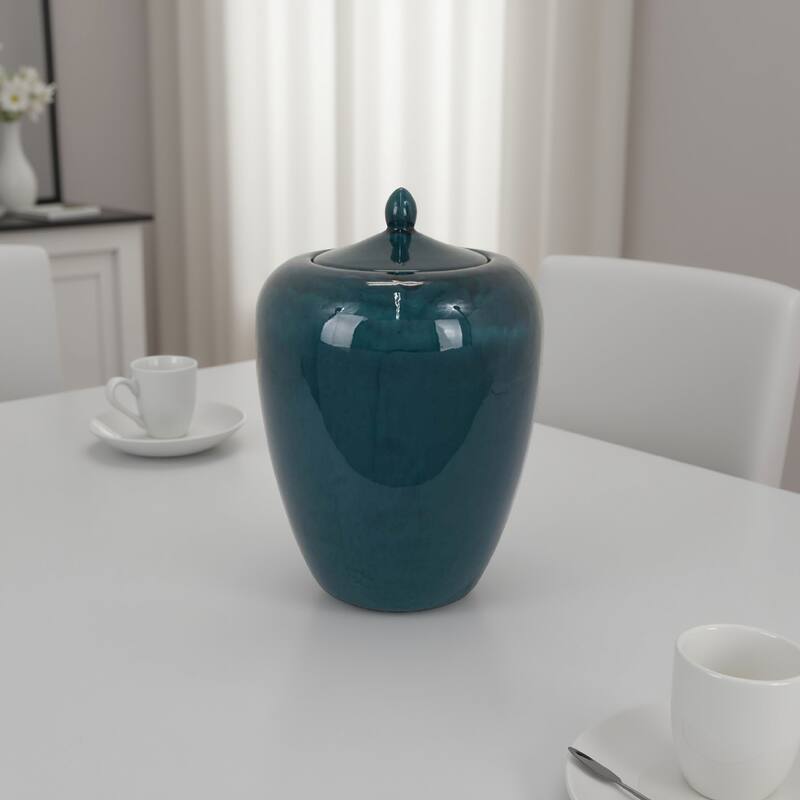 Decorative Jar, 19 Inch Teal Green Ceramic Body, Lid with Storage