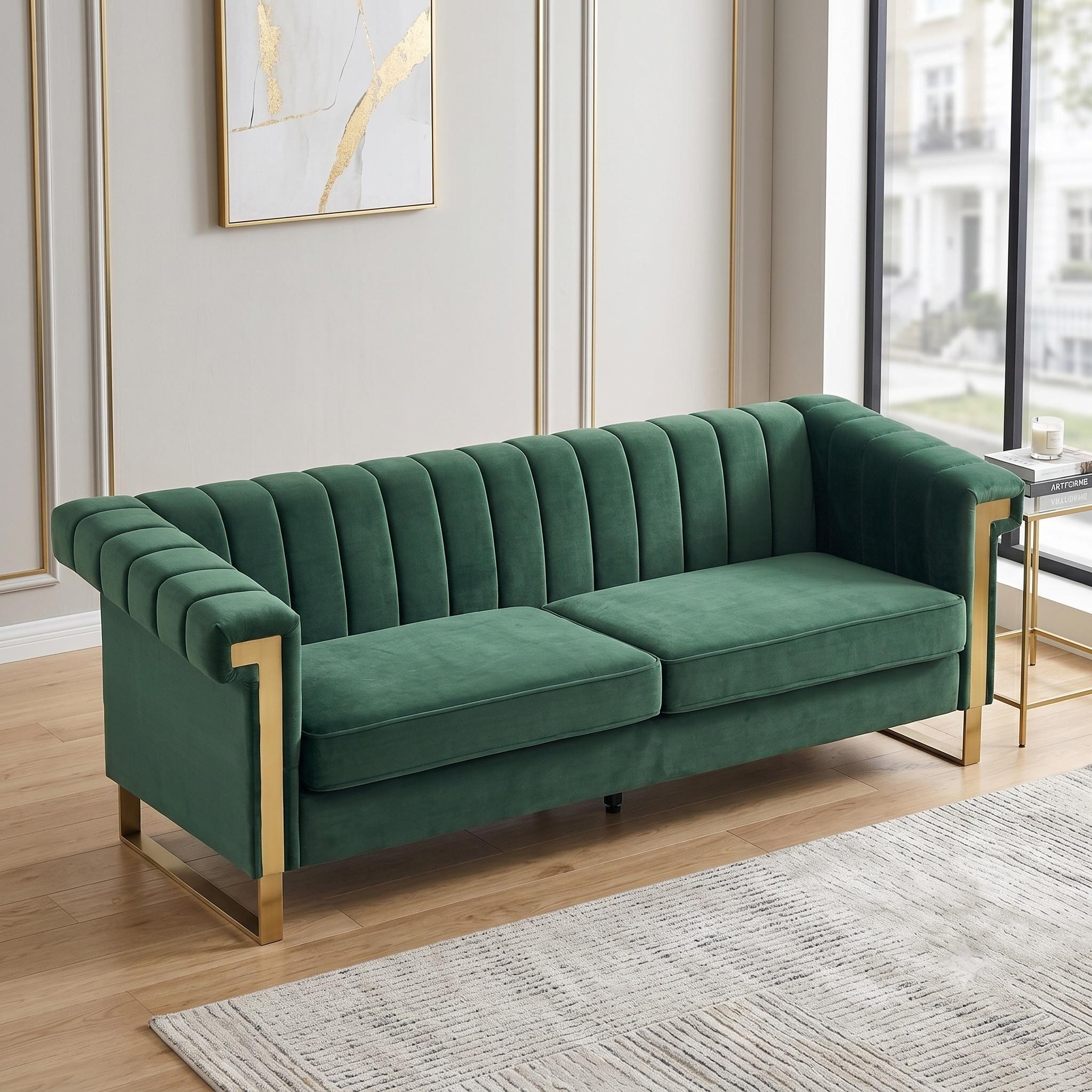 GDFStudio - 84" Polyester Velvet 3-Seater Channel Tufted Sofa Eucalyptus Wood Frame with Metal Accent Legs