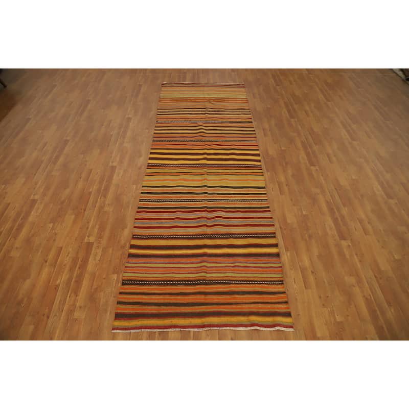 Hand Woven Oriental 100% Wool Carpet Southwestern Geometric Multi-Colored Kilim Runner Rug - 12' 4'' X 4' 1''