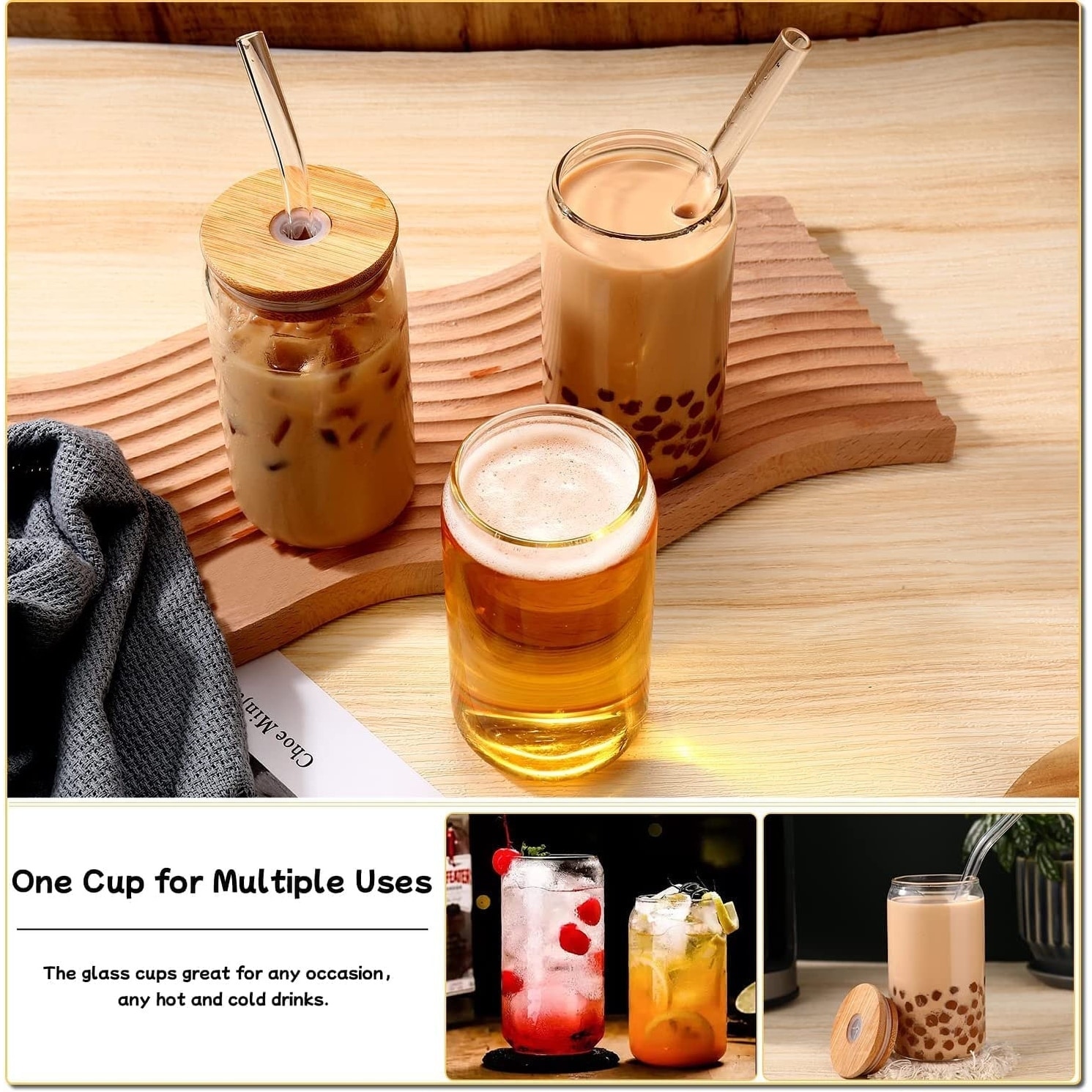 Drinking Glasses with Glass Straw 4pcs Set - 16oz Can Shaped Glass