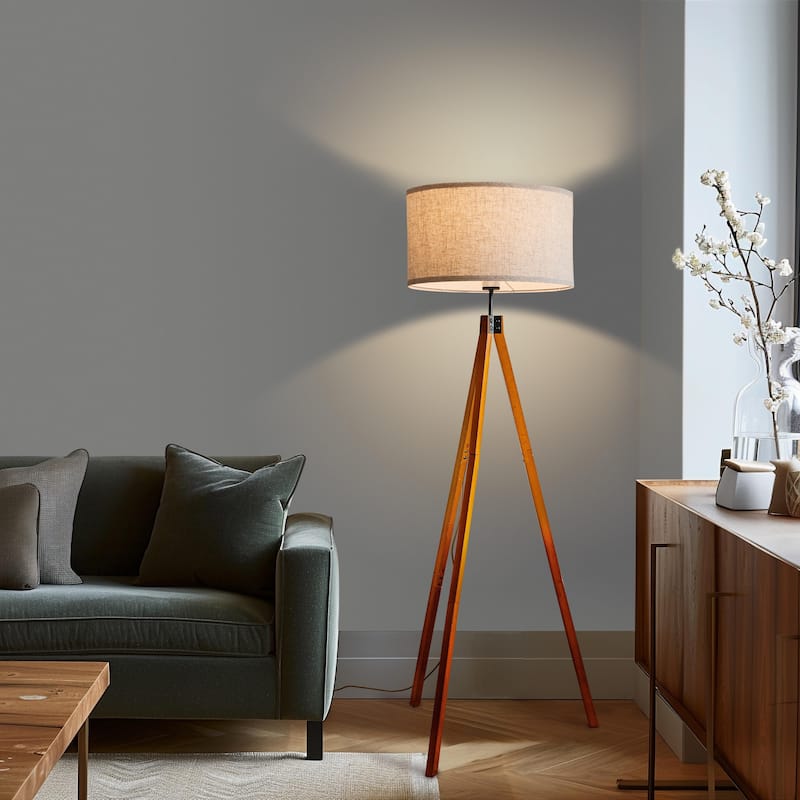 Brightech Eden 58 in. Traditional 3-Way Dimming LED Tripod Floor Lamp with Beige Fabric Drum Shade