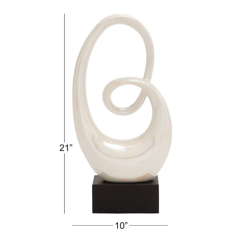 Ceramic Abstract Swirl Decorative Sculpture with Black Wooden Base - Silver or White - Roche River Decor
