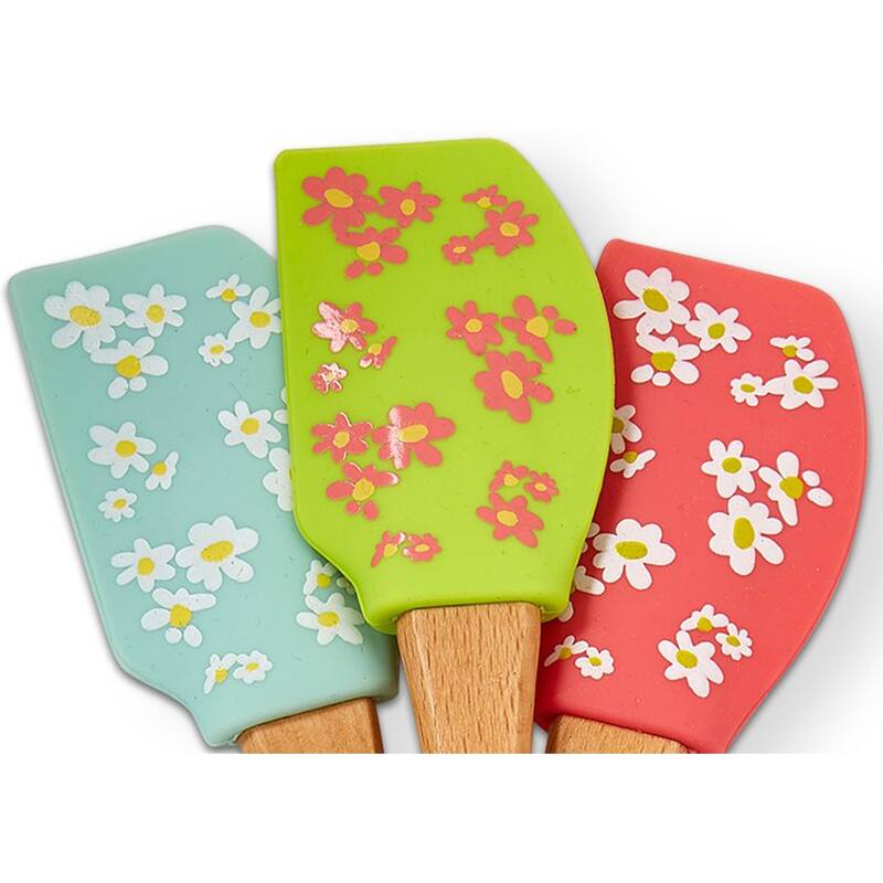 Bloom Blossom Flower Daisy Floral Print Turquoise Green and Coral Mini Silicone Wood Spatula Set Of 3, 9.1L x 1.7W inch.