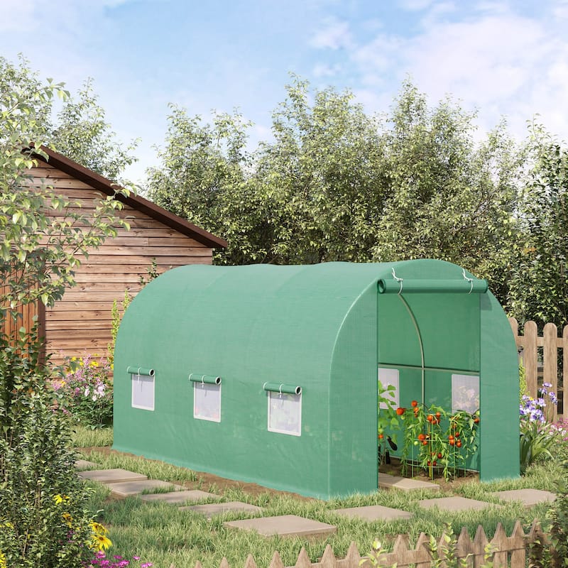 15' x 6' x 7' Walk-in Tunnel Greenhouse Garden Plant Growing House with Door and Ventilation Window, Green