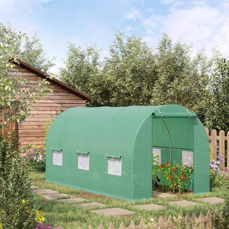 UV-Resistant Tunnel Hoop Greenhouse, Plant Shed with Roll-Up Zipper Door & Mesh Windows Gardening Plant Hot House - Green