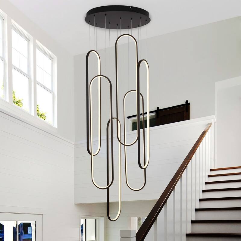 6 Rings Modern Chandelier, LED Black Large Contemporary Light for Staircase, Dimmable High Ceiling Chandeliers - 39.37*7.87in - Black