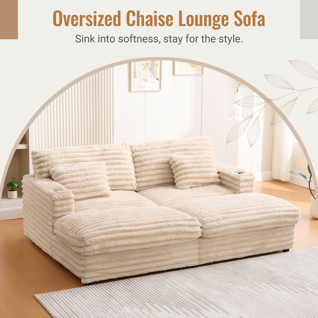 Oversized Double Chaise Lounge Sofa, Living Room 2 Seater Sofa Upholstered Sleeper Sofa Bed Daybed with USB Ports & Cup Holders