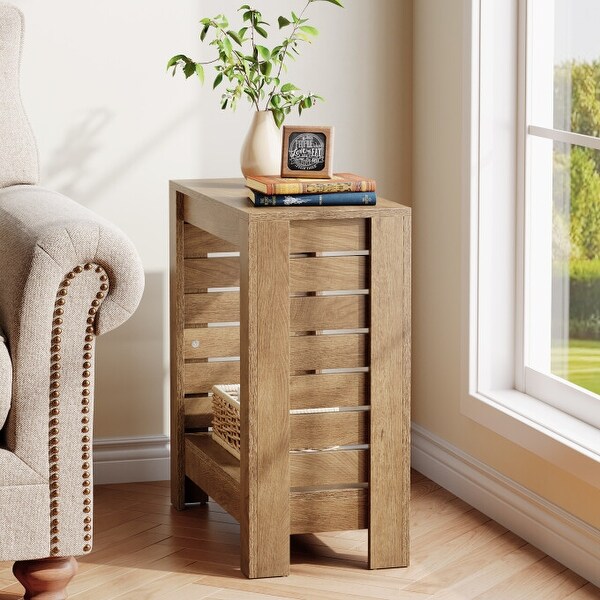 2-Tier End Table with Slatted Accents, Open Shelves, Cross-bracing