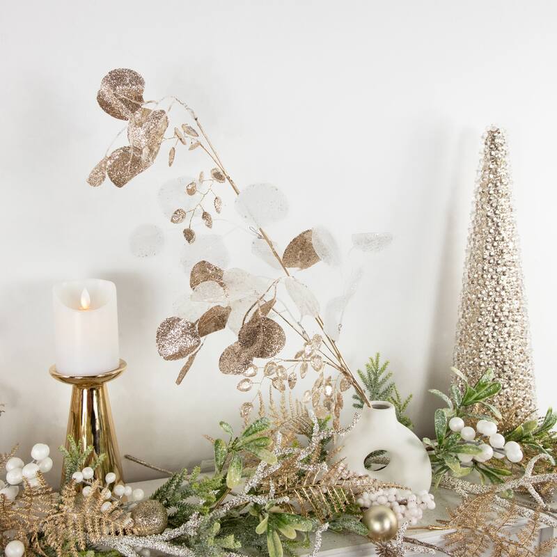 Glittered Winter Leaves Artificial Christmas Spray - 32" - White and Gold