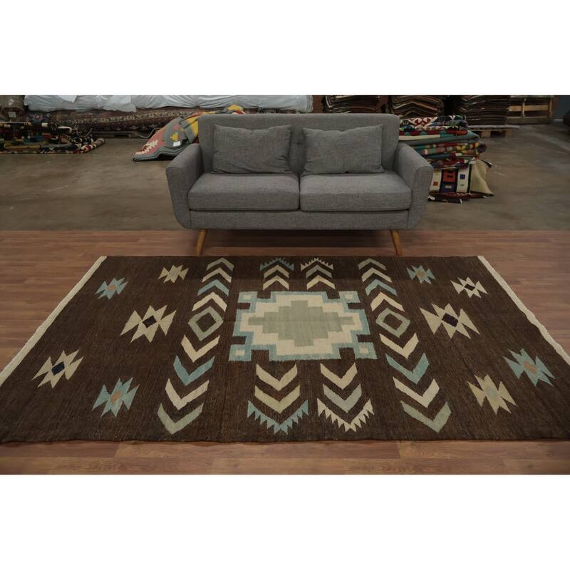 Hand Woven Oriental 100% Wool Carpet Southwestern Tribal Brown Kilim Area Rug - 8' 4'' X 5' 6''
