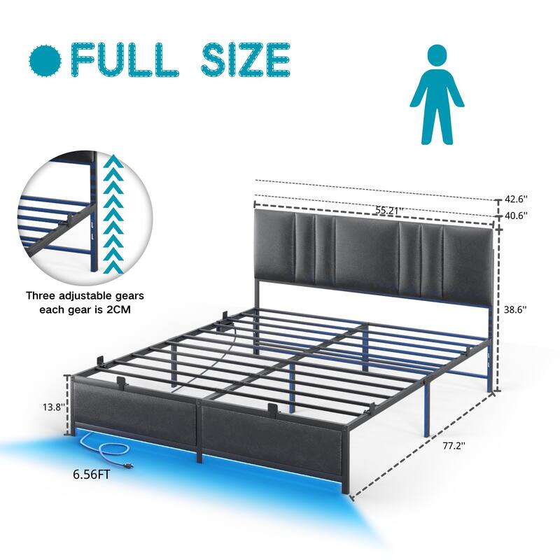 Upholstered Bed Frame with Height Adjustable Headboard,with RGB LED Light and Charging Hub