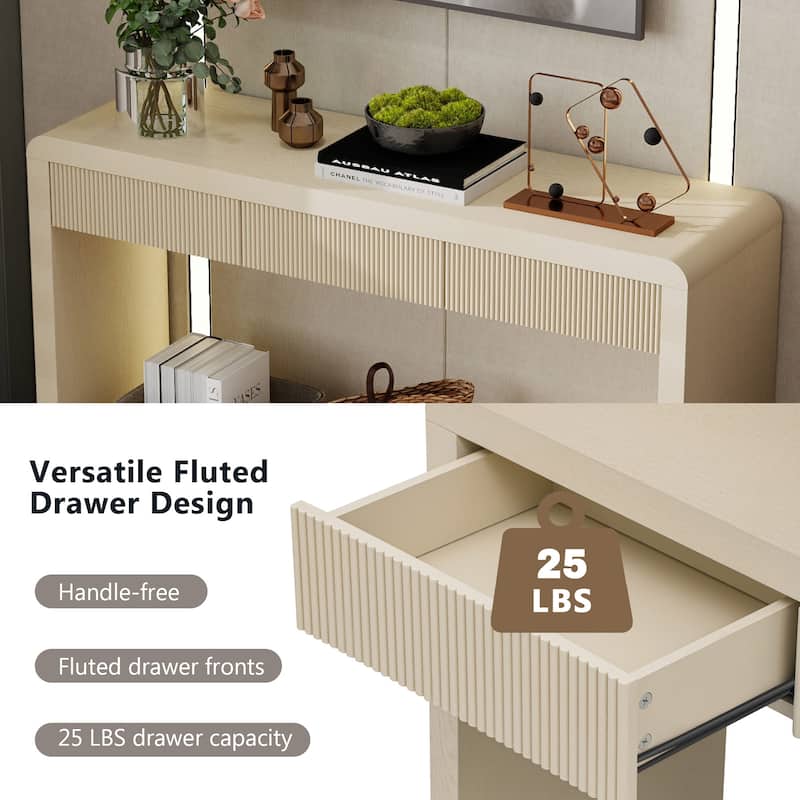 Rustic Console Table with 3 Fluted Drawers - Solid Wood Veneer Entryway Table Featuring Natural Wood Grain for Living Room