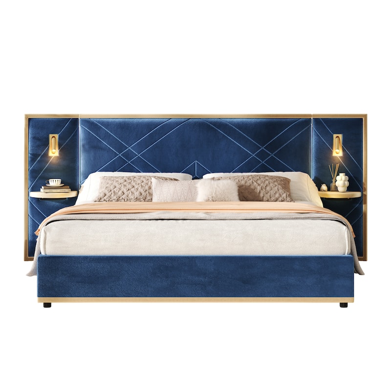 Christopher Knight Home - Voss Velvet Upholstered Bed with 2 Built-in LED Lights and 2 Storage Side Panels