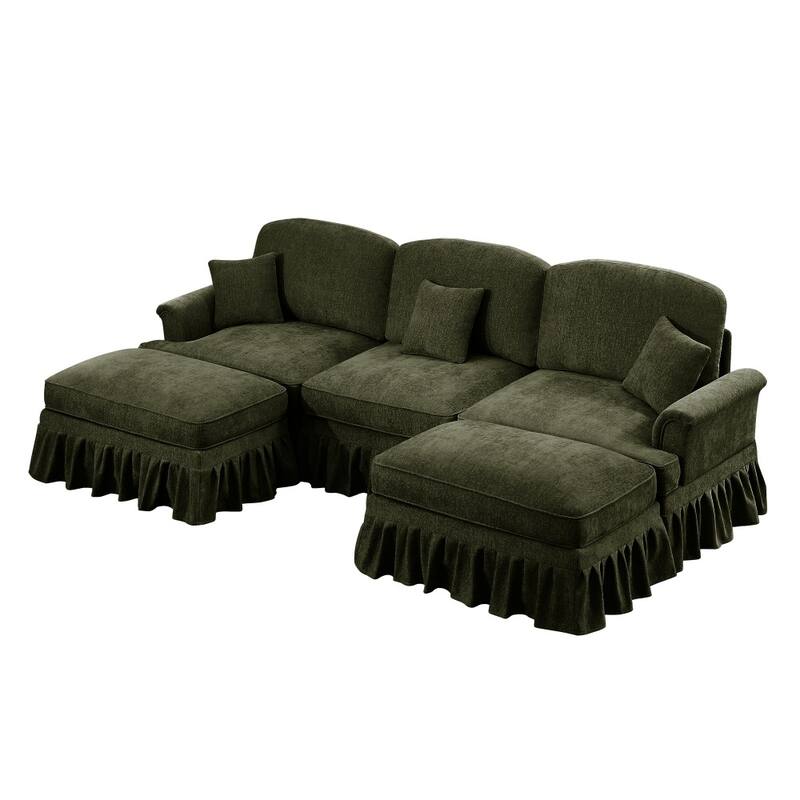 U-shaped Classic Modular Comfy Sectional Sofa with Ottomans & Ruffles Pleats Skirts