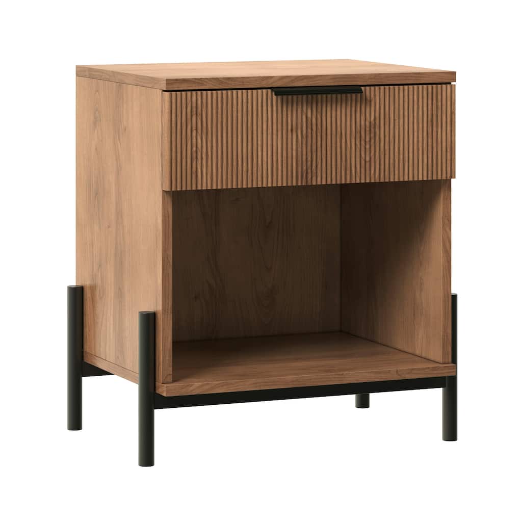Modern Nightstand with Fluted Drawer and Open Cubby, Mocha Finish