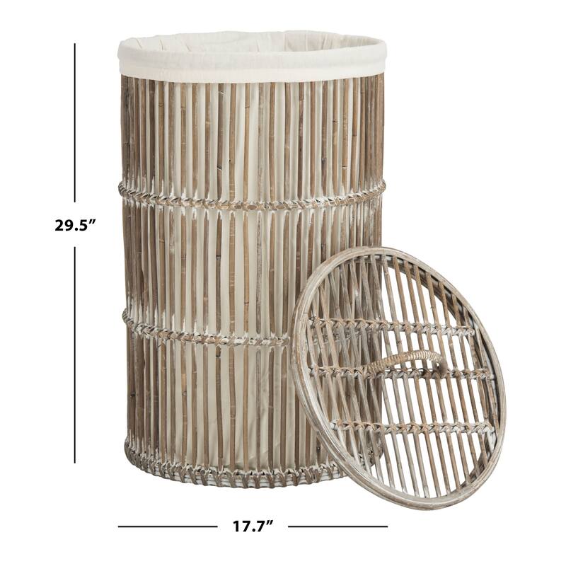 SAFAVIEH Andreia White Wash Rattan Storage Hamper with Liner - 17.7" x 17.7" x 29.5" - 18Wx18Dx30H