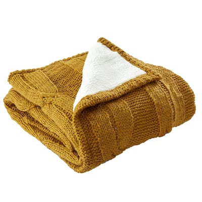 Lois 50 x 60 Throw Blanket with Cable Knit and Sherpa, Acrylic, Gold, White
