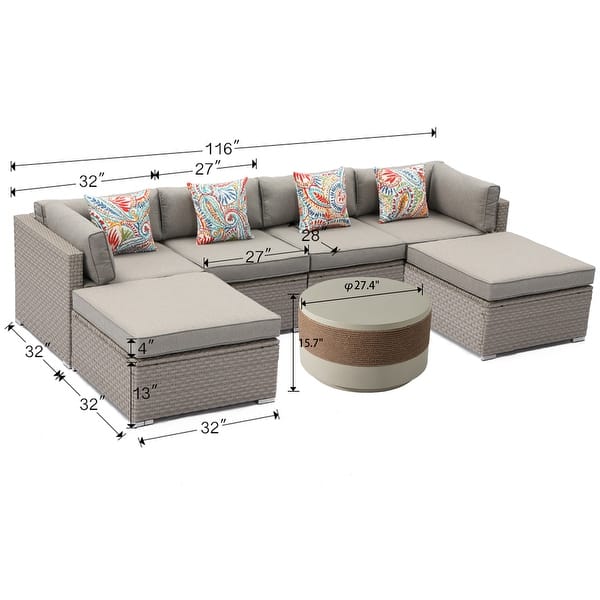dimension image slide 3 of 6, COSIEST 7-Piece Outdoor Patio Wicker Sectional Sofa with Coffee Table