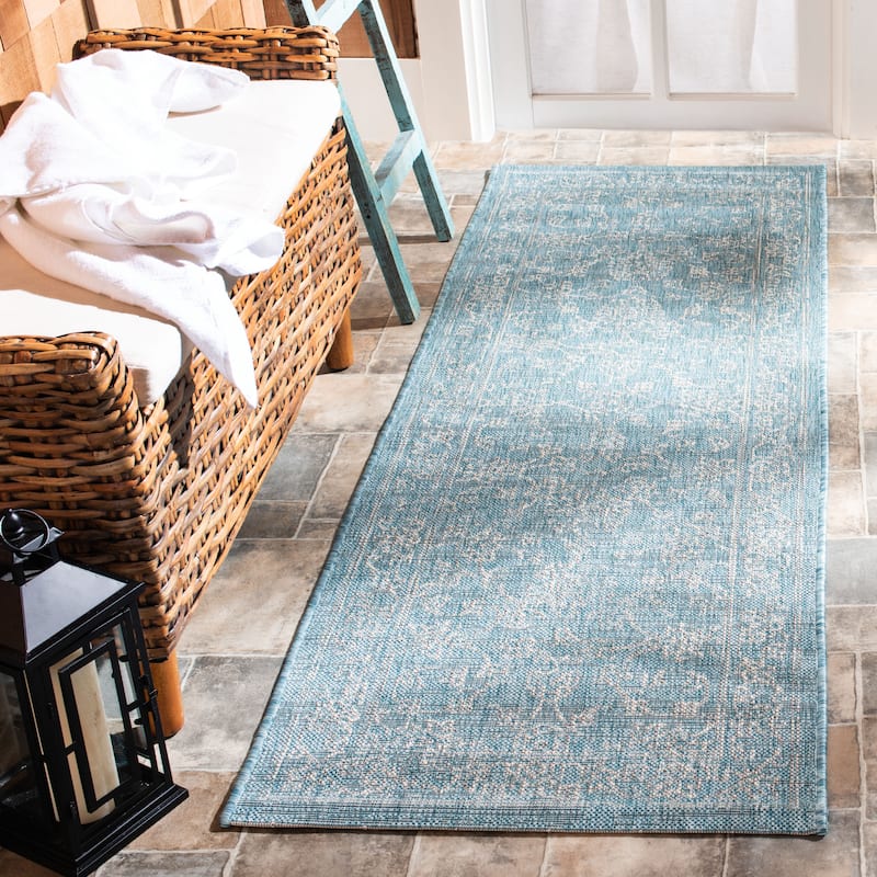 SAFAVIEH Courtyard Aquata Indoor/ Outdoor Waterproof Patio Backyard Rug - 2'3" x 6'7" Runner - Aqua/Grey
