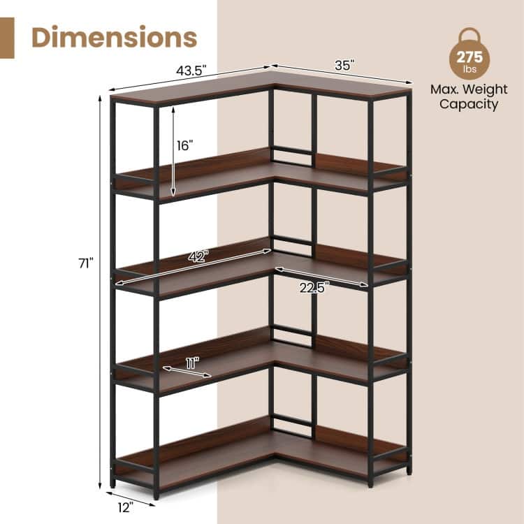 Metal and Wood L-Shaped Bookshelf 5-Tier Corner Shelf with Anti-Tip Kits - 43.5" L x 35" W x 71" H