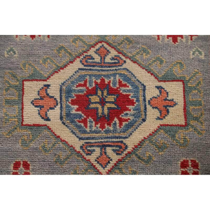 Traditional Geometric Kazak Oriental Grey Wool Runner Rug Hand-knotted - 2'8" x 9'9"