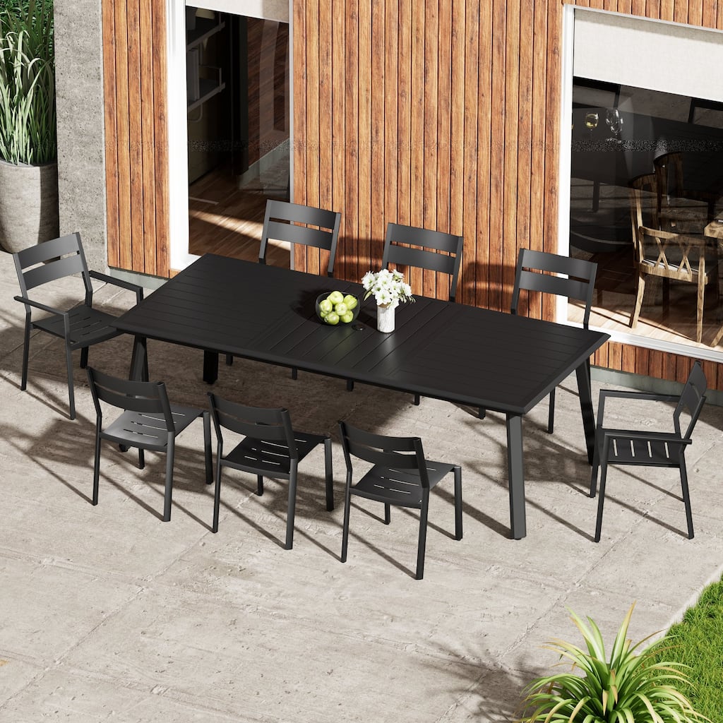 7/9 Piece Outdoor Patio Dining Set Aluminum Dining Table with Umbrella Hole and Stackable Chairs