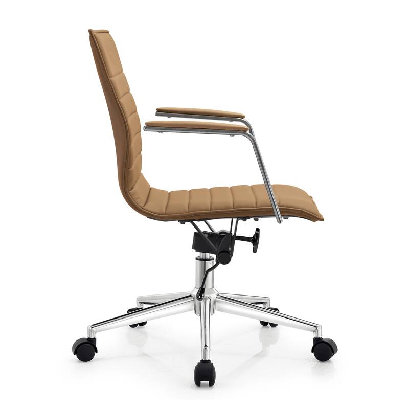 Modern Office Desk Chair | Upholstered PU Leather Ribbed Mid Back with Metal Frame | Adjustable Height, Tilt Lock