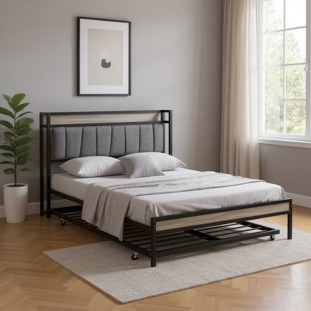 HomeRoots Black Metal Full Bed Frame With Trundle