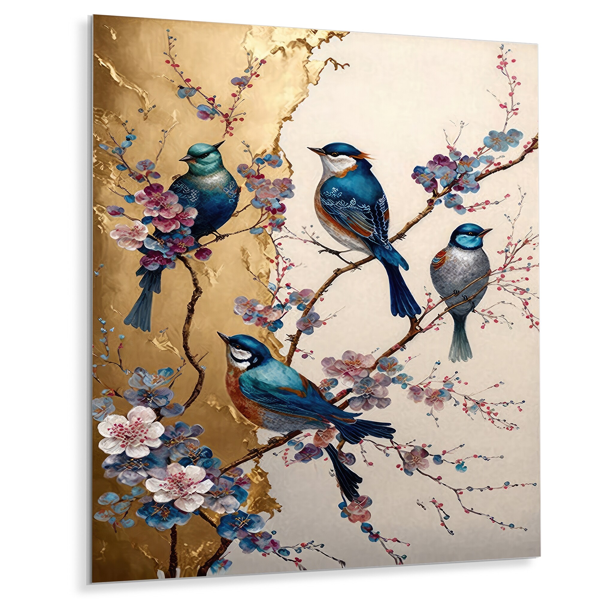 Designart 'Multicolor Birds On Plum Blossoms Tree II' Animals Bird