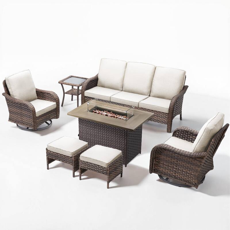 Cavira Brown Wicker Patio Fire Pit Conversation Set with Swivel Gliders
