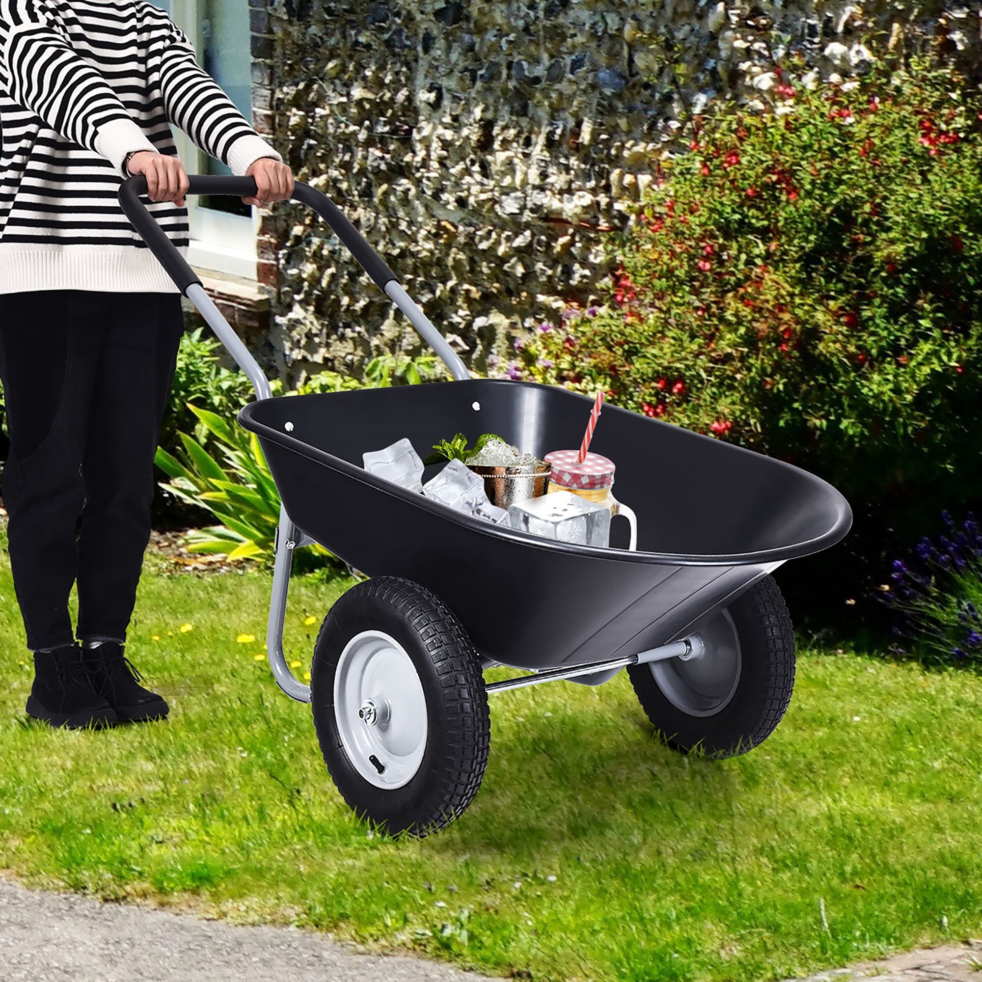 Dual Wheel Home Utility Wheelbarrow Heavy Duty Garden Cart On