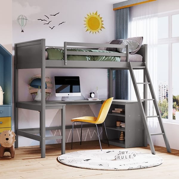 slide 2 of 17, Modern Concise Design Twin Size Wood Loft Bed with Ladder,Sturdy Pine Wood Made Desk and Shelves in Floor Space Gray