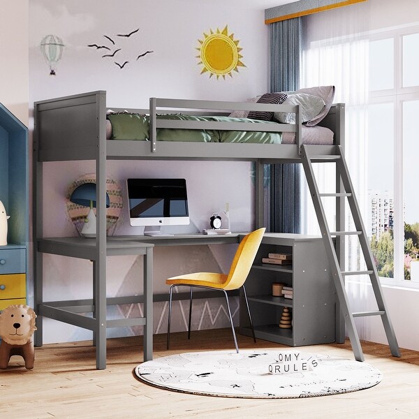 Wooden-Loft-Bed-with-Shelves,-