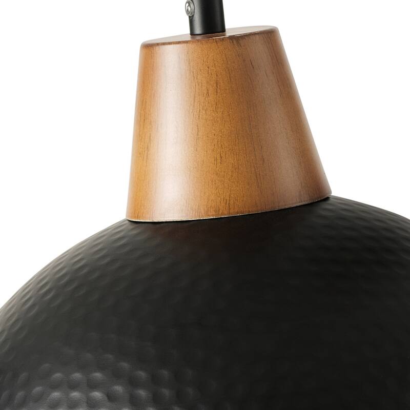Industrial Farmhouse Pendant Light Fixture with Metal Shade and Faux Wood Grain Design