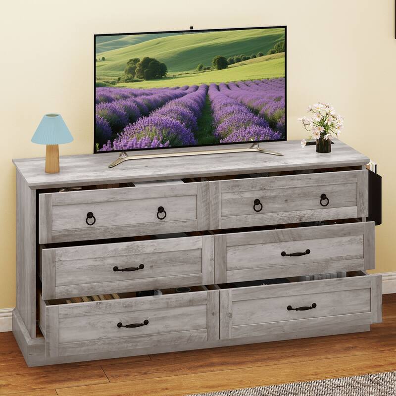 Moasis 59 Inch Farmhouse 6 Drawer Dresser for Bedroom Storage Organizer with Wood Finish and Metal Handles