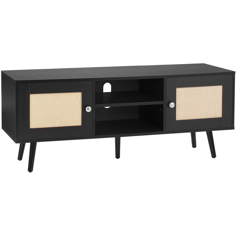 Rattan TV Stand, Mid Century Modern TV Stand, Boho Rattan TV Cabinet with Build-in Socket and USB Ports, Adjustable Shelfs - 47x16in - Black