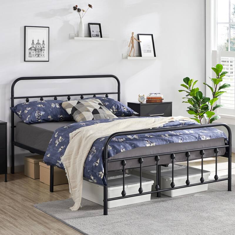Yaheetech Metal Bed with High Headboard and Footboard with Storage - Black - Full