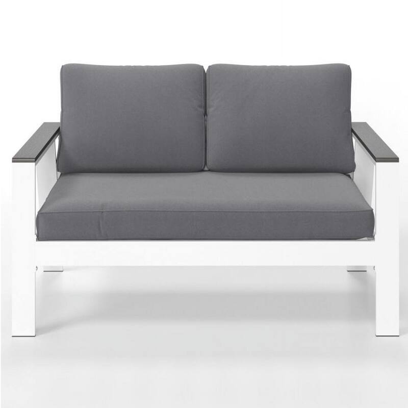 52" Aluminum Patio Loveseat with Wood Armrests & Angled Backrest - White & Light Grey