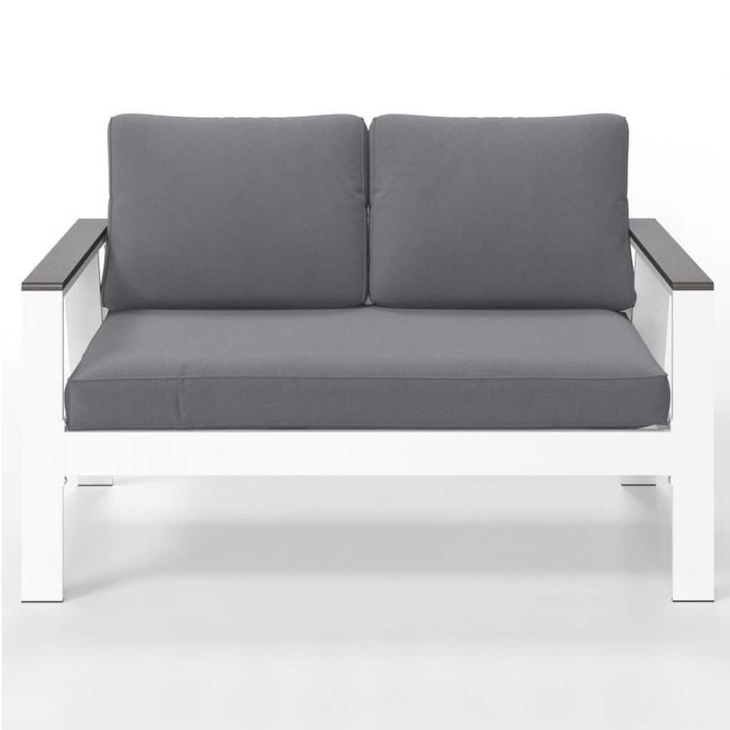 52" Aluminum Patio Loveseat with Wood Armrests & Angled Backrest - White & Light Grey