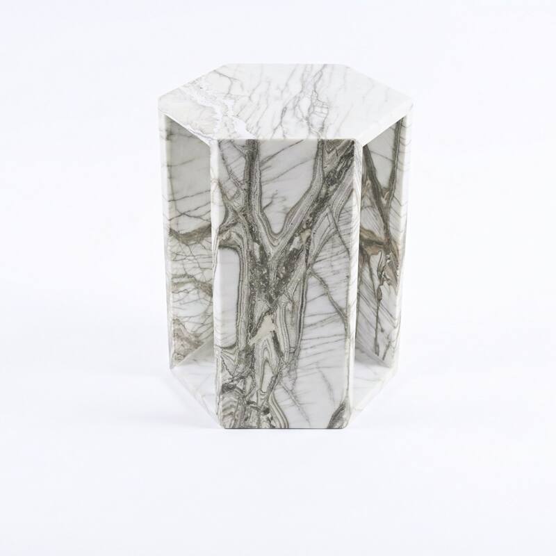 Roomfitters Luxury Natural Marble Hexagon Side Table, Solid Stone Geometric Pedestal End Table, Polished Finish