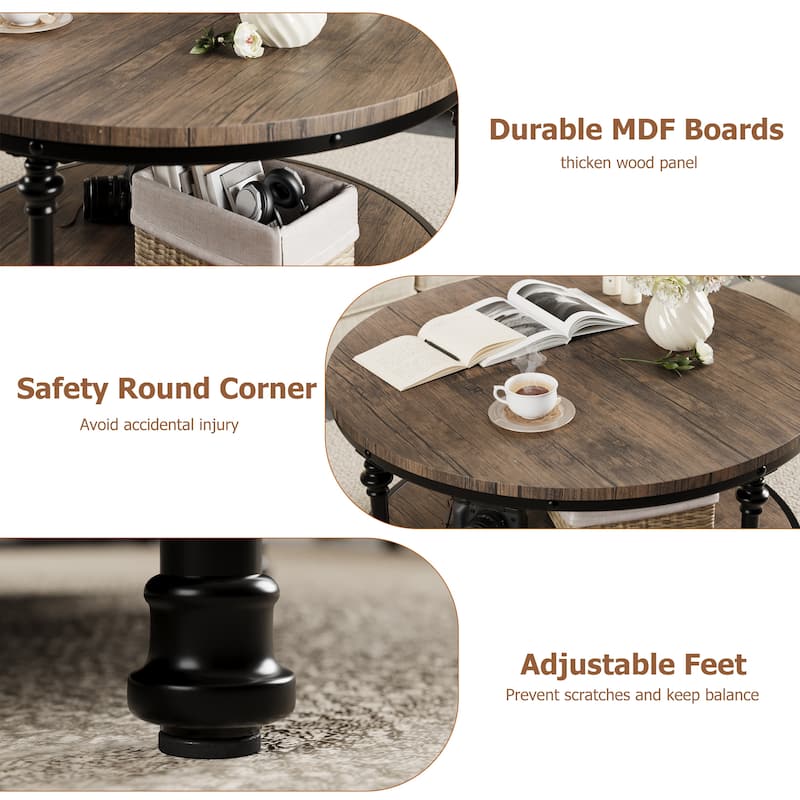 30.3in Wood Circle Coffee Table, with Storage Shelf, Metal Legs