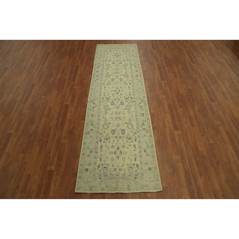 Vegetable Dye Floral Oushak Turkish Runner Rug, Floral Geometric - 9' 9'' X 2' 11''