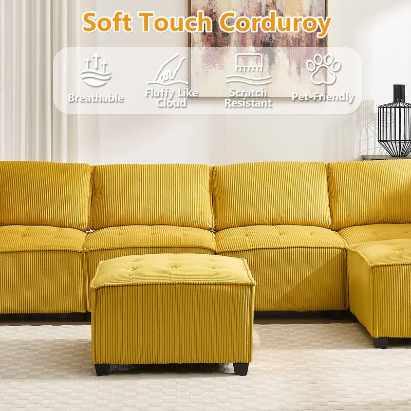 121.26" Corduroy Modular Sectional Sofa 6- Seat U Shaped Couch with Reversible Chaise and Ottoman