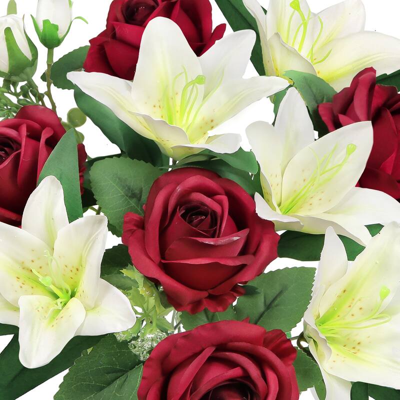 Set of 2 Red Cream Artificial Mixed Rose Stargazer Lily Flower Stem Bush Bouquet 18in - 18" L x 11" W x 11" DP