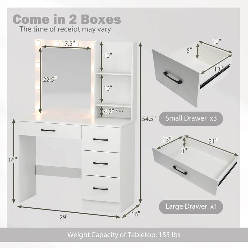 Costway Makeup Vanity Desk with Mirror and Lights Charging Station - 1 PCS