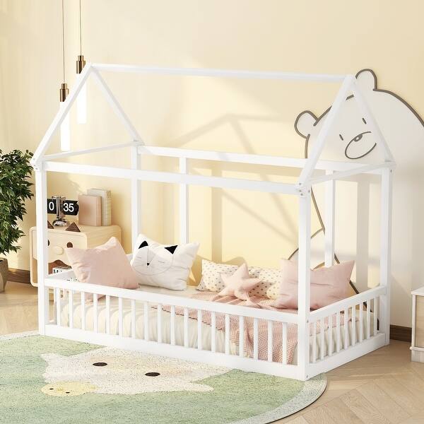 slide 2 of 10, Twin Size Floor Wooden Bed with House Roof Frame and Safety Guardrails, Safe and Fun Sleeping Space for Kids, White White