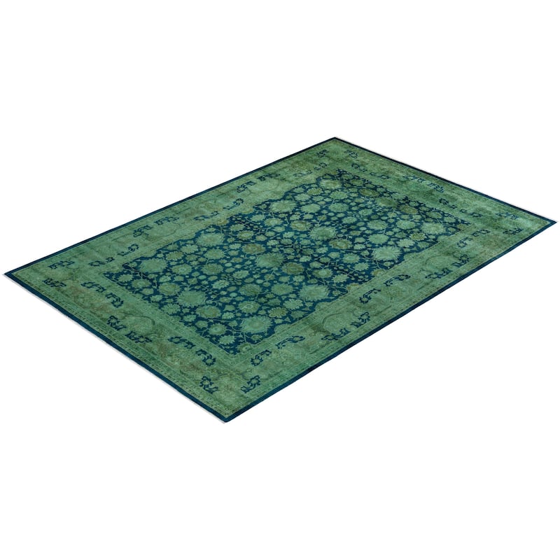 Overton Hand Knotted Wool Vintage Inspired Modern Contemporary Overdyed Green Area Rug - 6' 2" x 9' 2"