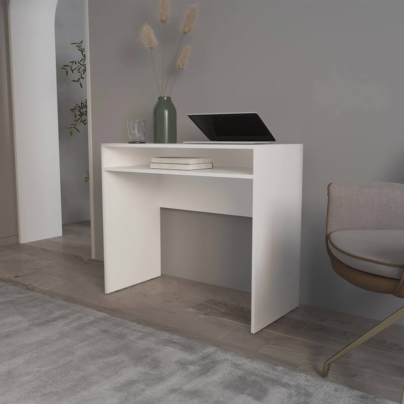 35" White Desk with Storage, Minimalist Workspace for Computers and Accessories, Durable Melamine Design