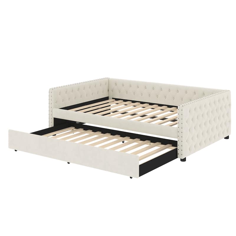Full Size Linen Upholstered Daybed with Twin Trundle - Tufted Sofa Bed and Copper Nail Trim
